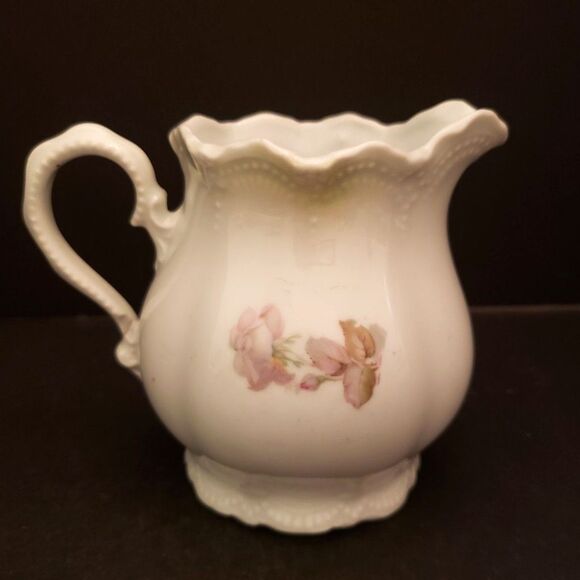Leuchtenburg Germany Porcelain Cream Pitcher Jug Pink Roses Castle Mark Antique - Picture 2 of 12